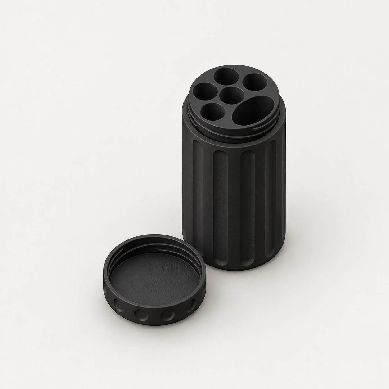 Case 5 + Isqueiro preto aberto, com cinco compartimentos e tampa rosqueada